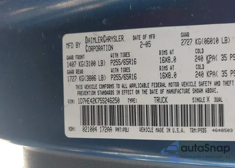 2005 Dodge Dakota Slt from USA, damaged, VIN 1D7HE42K75S246250